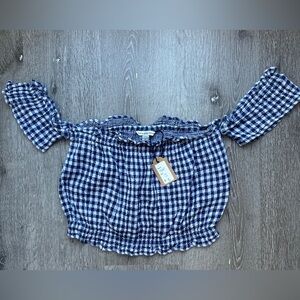 American Eagle Navy Gingham Off-Shoulder Smocked Crop Top Small